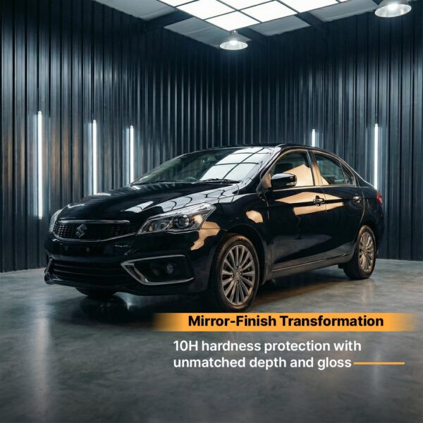 borophene-coating-Motor-Headz-00007 Shiny black car with mirror-finish surface in a modern showroom.
